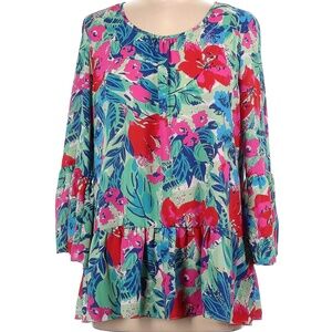 Papagallo Womens Sz S Floral Print Peplum Hem Bell Sleeves Blouse